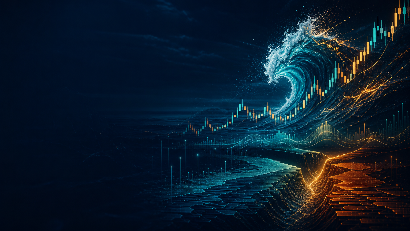 Abstract price and volume wave used to represent the measured research-to-trading loop