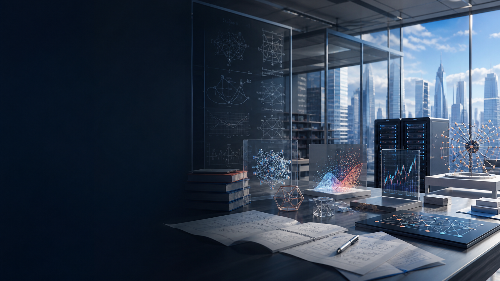 A cinematic research laboratory connects mathematical equations, network models, market data, agent systems, and computing infrastructure under a blue scientific light.