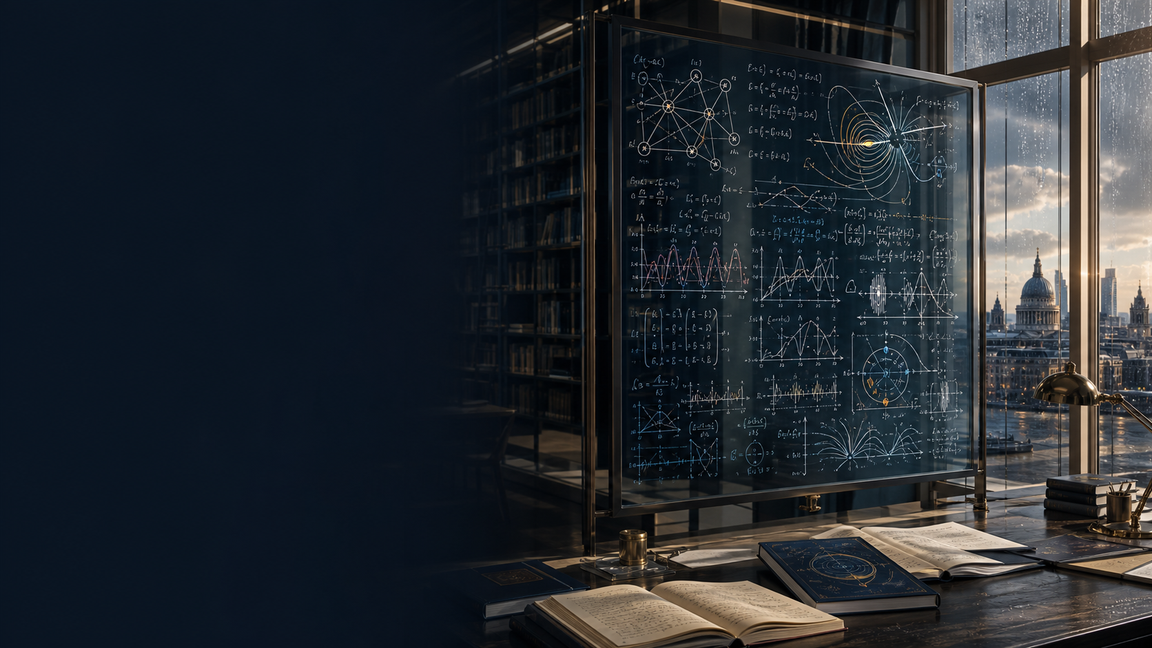 A mathematical research studio contains network equations, differential models, probability diagrams, academic books, and a distant London skyline.