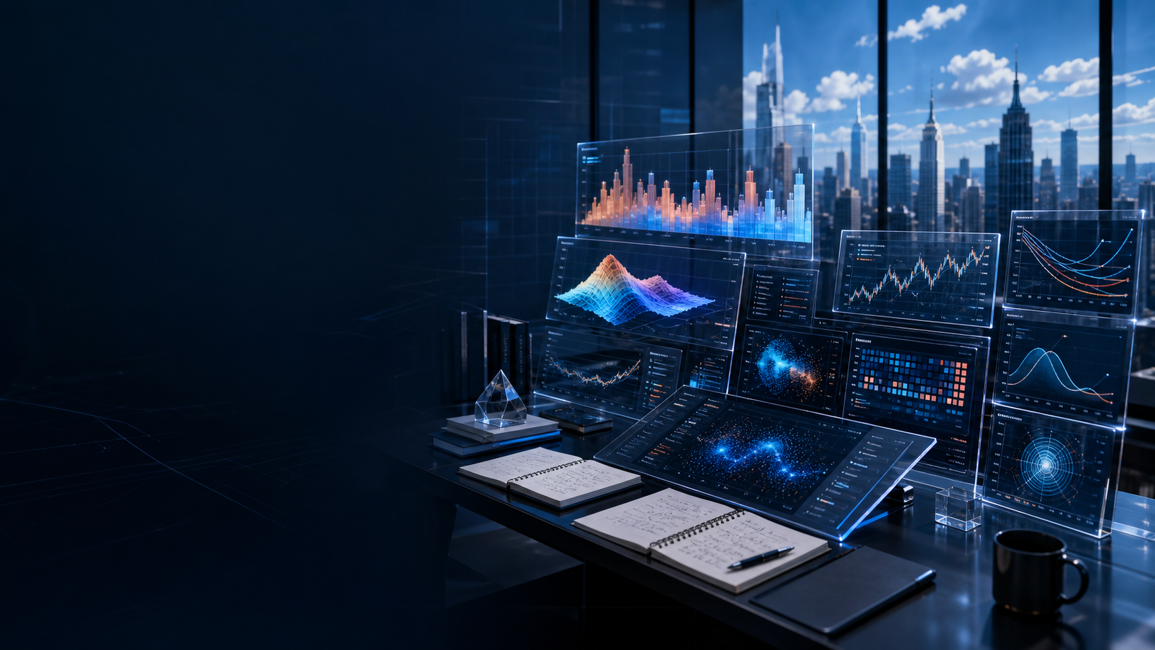 A quantitative research desk displays factor diagnostics, order-book structure, yield curves, futures data, rankings, and experimental comparisons.