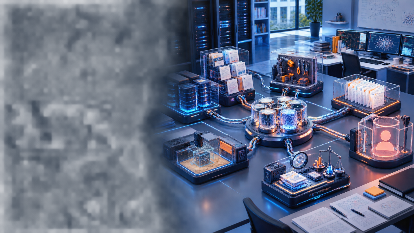 A modular AI agent laboratory shows planner, memory, retrieval, tool execution, evaluation, audit traces, and a clearly marked Human approval gate.
