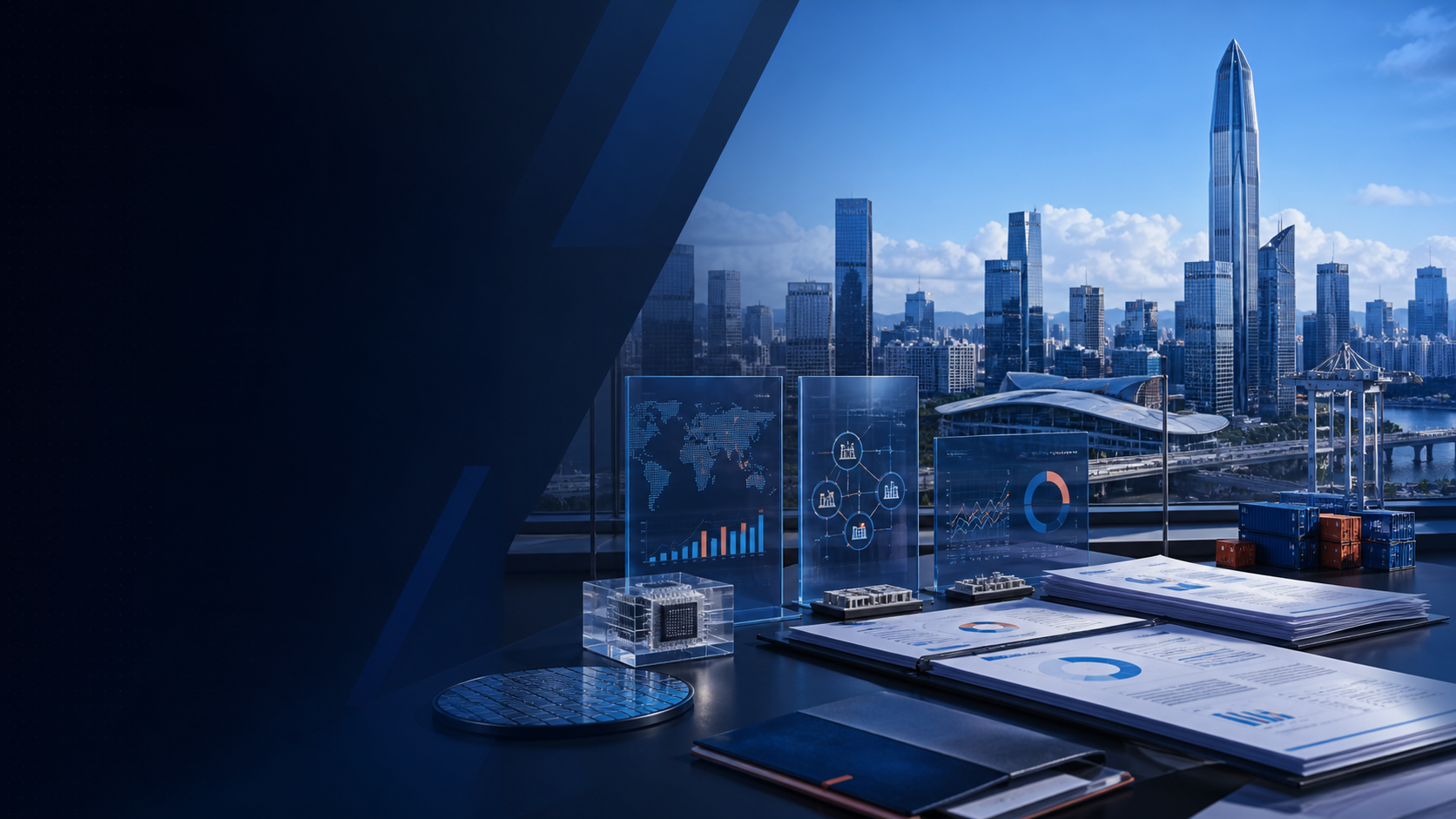 A Shenzhen financial workspace combines skyline, corporate analysis, transaction flows, risk documents, and cross-functional decision maps.