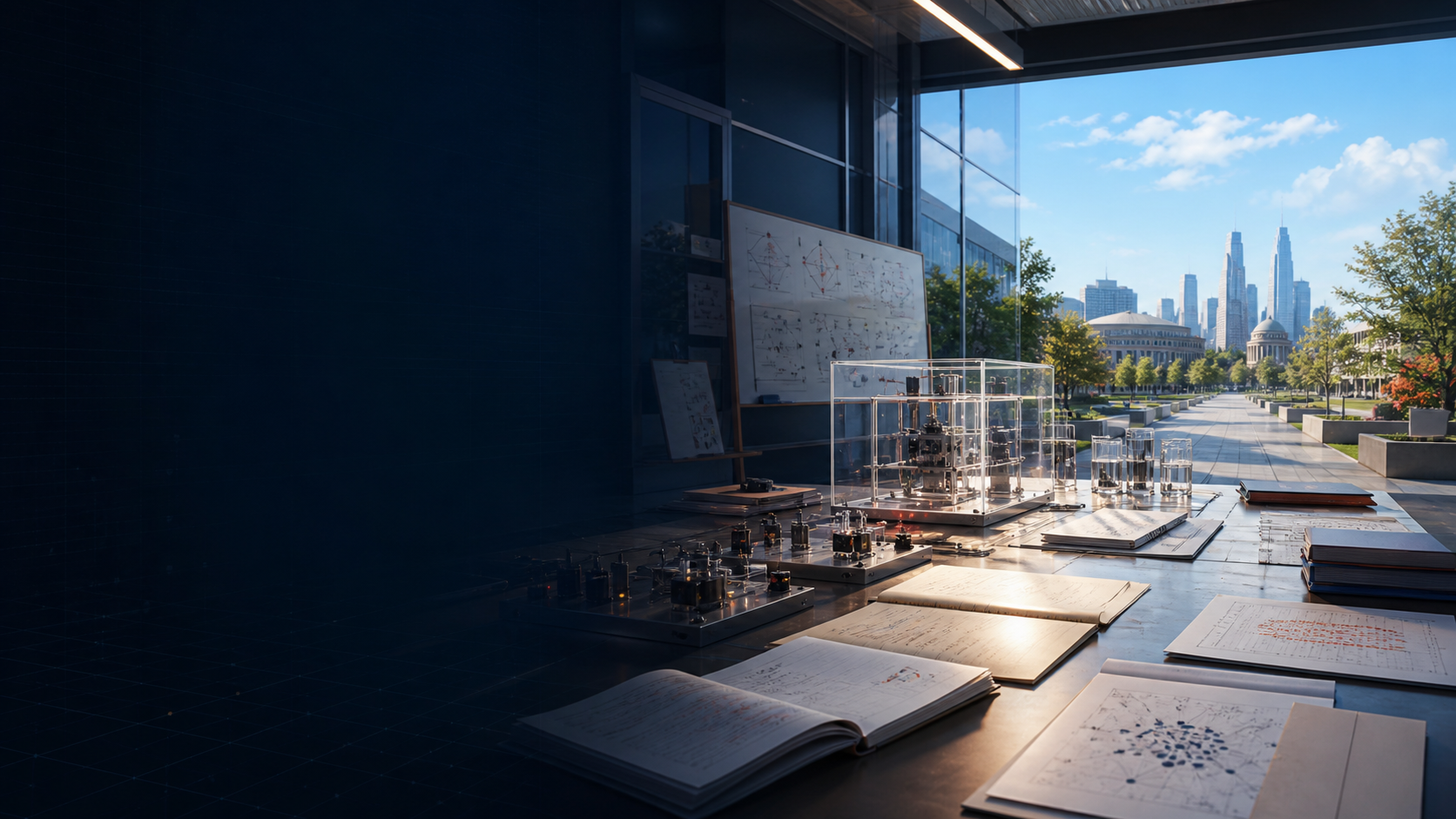 A future research studio shows experiment rigs, papers, collaborative worktables, agent-system diagrams, financial models, and a university campus beyond the windows.
