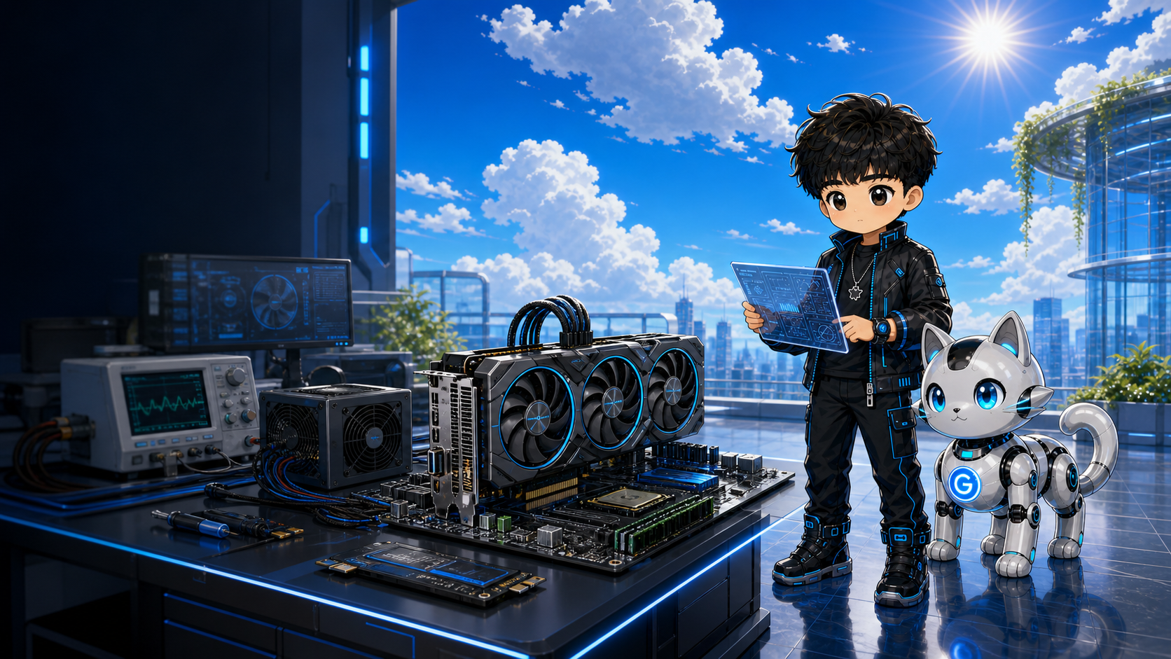 Pengyi and Little G Cat inspect a GPU, motherboard, memory, power supply, and diagnostic monitors in a rooftop hardware lab under blue sky.