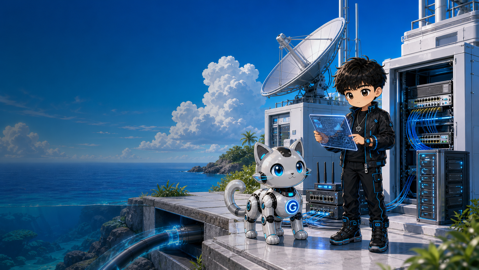 Pengyi and Little G Cat inspect a coastal edge server, switches, routers, fiber links, satellite dish, and undersea cable under blue sky and white clouds.