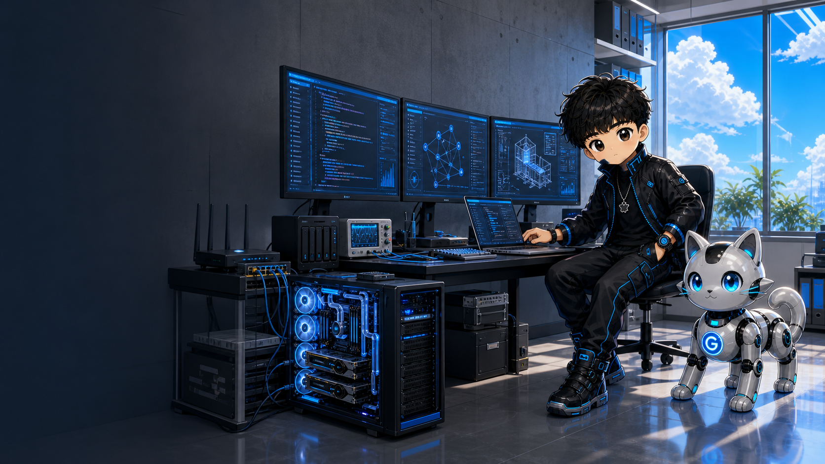 Pengyi and Little G Cat operate a multi-monitor engineering desk with a GPU workstation, storage, router, switch, oscilloscope, and laptop.