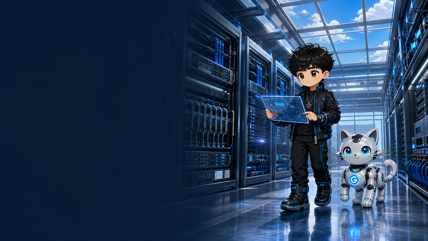 Pengyi and Little G Cat walk through GPU racks, storage arrays, network switches, fiber, liquid cooling, and redundant power in an AI data center.