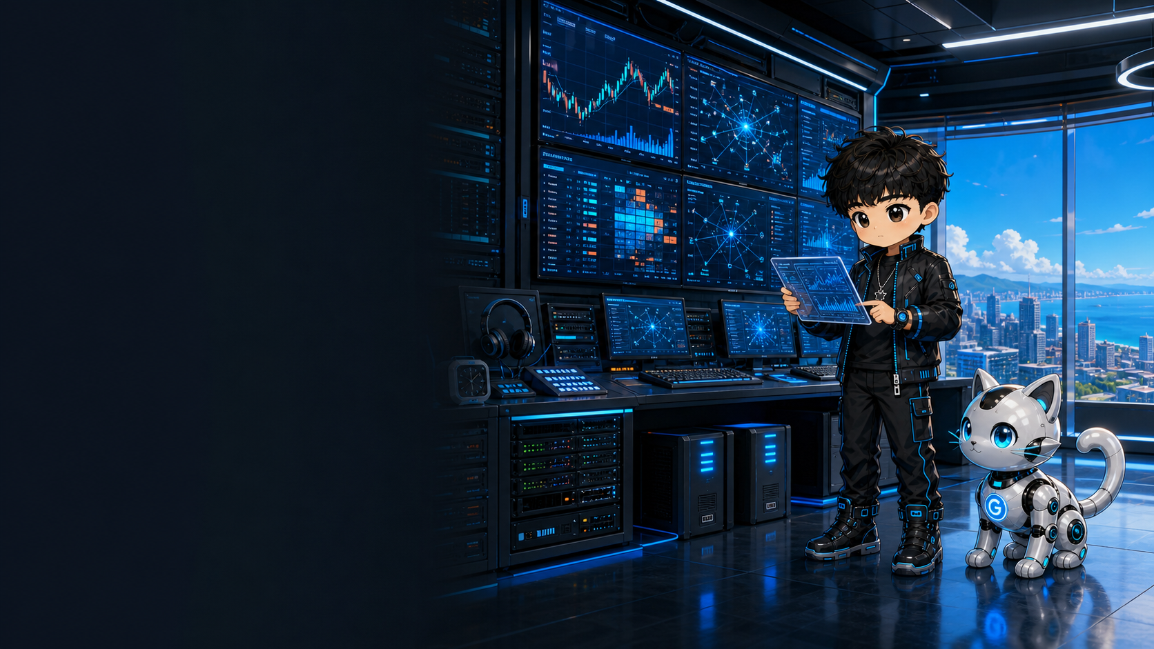 Pengyi and Little G Cat monitor abstract market curves, order-flow heatmaps, network topology, servers, switches, UPS units, and hardware clocks in a trading control room.